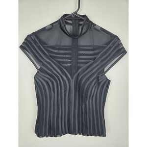 JS Collections Petite Black Sheer Mesh Ribbed Mock Neck Top 8579P Size 4